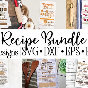 May include: A set of six printable kitchen towel designs featuring recipes for chocolate chip cookies, pumpkin pie, apple pie, biscuits, pancakes, and dinner rolls. The designs are in a rustic style with brown and white colors and include illustrations of kitchen utensils.