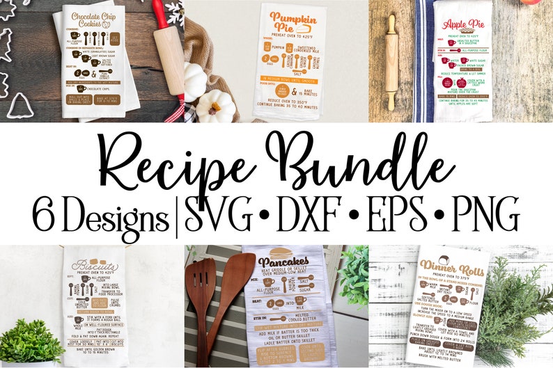 May include: A set of six printable kitchen towel designs featuring recipes for chocolate chip cookies, pumpkin pie, apple pie, biscuits, pancakes, and dinner rolls. The designs are in a rustic style with brown and white colors and include illustrations of kitchen utensils.