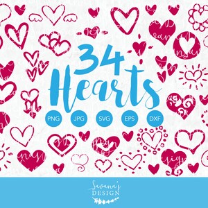 Peut inclure: Une collection de 34 illustrations de c&oelig;urs rouges de diff&eacute;rents styles, y compris des contours, des formes remplies et des motifs d&eacute;coratifs. Le texte "34 Hearts" est en &eacute;criture bleue, avec des ic&ocirc;nes de type de fichier en dessous.