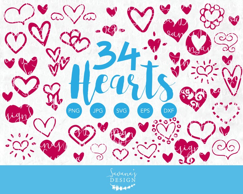Peut inclure: Une collection de 34 illustrations de c&oelig;urs rouges de diff&eacute;rents styles, y compris des contours, des formes remplies et des motifs d&eacute;coratifs. Le texte "34 Hearts" est en &eacute;criture bleue, avec des ic&ocirc;nes de type de fichier en dessous.