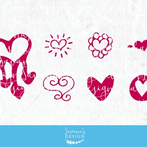 Peut inclure: Huit motifs en forme de c&oelig;ur magenta sur fond blanc. Les dessins comprennent un c&oelig;ur avec un soleil, une bordure florale et des volutes. Le texte "Savana's Design" est visible en bas de l'image.