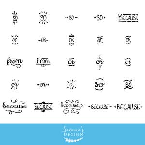 May include: A collection of black text designs on a white background. The words "so", "or", "from", and "because" are displayed in various fonts and styles. The image also includes the text "Savana's DESIGN" in a cursive font.