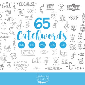 May include: A digital design featuring 65 catchwords in various fonts and styles, including "and," "but," and "because." The words are in gray, with the number "65" and the word "Catchwords" in blue. File type icons are also included.