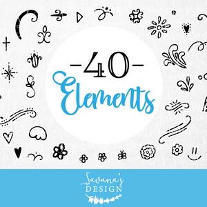 K&ouml;nnte beinhalten: Ein Satz von 40 handgezeichneten Doodle-Elementen in Schwarzwei&szlig;. Die Doodles umfassen Wirbel, Herzen, Sterne, Blumen und andere abstrakte Formen. Die Doodles sind in einem Kreis um den Text "40 Elements" angeordnet.