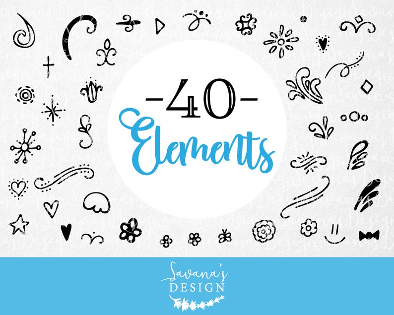 K&ouml;nnte beinhalten: Ein Satz von 40 handgezeichneten Doodle-Elementen in Schwarzwei&szlig;. Die Doodles umfassen Wirbel, Herzen, Sterne, Blumen und andere abstrakte Formen. Die Doodles sind in einem Kreis um den Text "40 Elements" angeordnet.