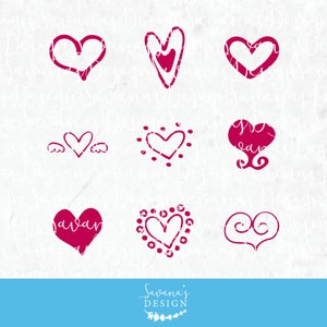 Peut inclure: Neuf motifs de c&oelig;urs magenta dessin&eacute;s &agrave; la main sur un fond blanc textur&eacute;. Les c&oelig;urs varient en style, y compris des contours, des formes remplies et des c&oelig;urs avec des &eacute;l&eacute;ments d&eacute;coratifs. L'image comprend le texte "Savana's Design".