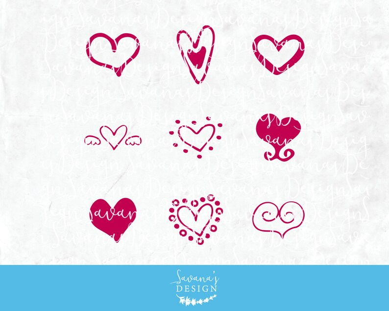 Peut inclure: Neuf motifs de c&oelig;urs magenta dessin&eacute;s &agrave; la main sur un fond blanc textur&eacute;. Les c&oelig;urs varient en style, y compris des contours, des formes remplies et des c&oelig;urs avec des &eacute;l&eacute;ments d&eacute;coratifs. L'image comprend le texte "Savana's Design".