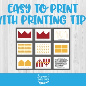 Puede incluir: Decoraciones de fiesta de circo imprimibles con instrucciones y consejos. Los dise&ntilde;os imprimibles incluyen una corona roja, solapas de carpa amarillas y una carpa amarilla con rayas rojas. Las instrucciones incluyen consejos para imprimir y ensamblar las decoraciones.