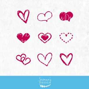 Peut inclure: Neuf motifs de c&oelig;urs rouges sur fond blanc. Les c&oelig;urs varient en style, y compris des motifs pleins, soulign&eacute;s et pointill&eacute;s. L'image a un fond clair et textur&eacute; avec le texte "Savana's Design" dans le coin inf&eacute;rieur droit.