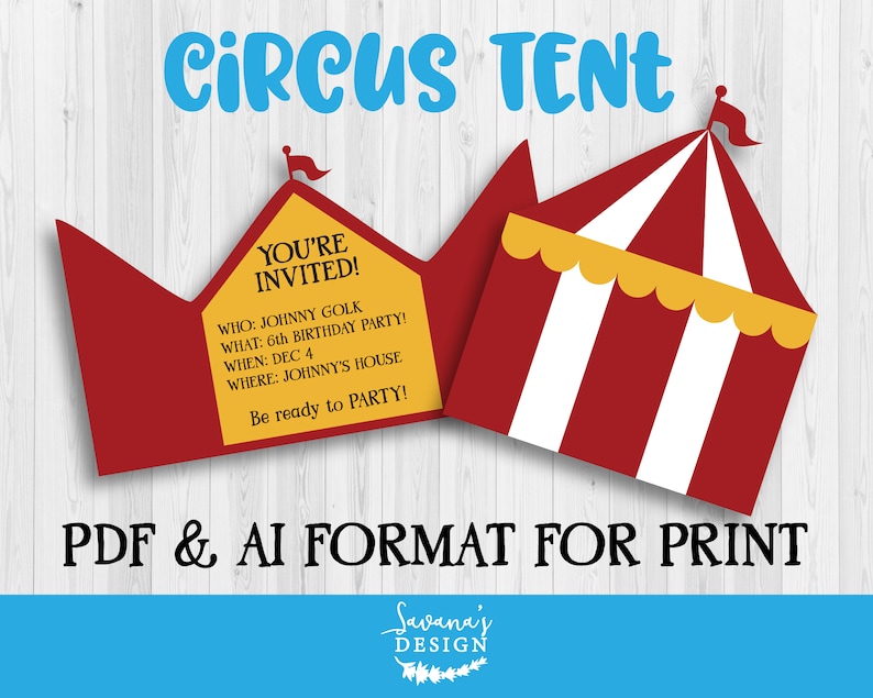 Puede incluir: Una invitaci&oacute;n imprimible para una fiesta de cumplea&ntilde;os con tem&aacute;tica de carpa de circo. La invitaci&oacute;n tiene la forma de una carpa de circo con un dise&ntilde;o a rayas rojas y blancas y una parte superior amarilla. El texto de la invitaci&oacute;n dice "&iexcl;Est&aacute;s invitado!" e incluye detalles sobre la fiesta, como la fecha, la hora y el lugar.