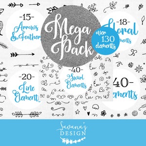 K&ouml;nnte beinhalten: Ein schwarz-wei&szlig;es Grafikdesign-Set mit &uuml;ber 130 handgezeichneten Elementen. Das Set enth&auml;lt Pfeile, Federn, Schn&ouml;rkel, Linien und florale Elemente. Der Text "Mega Pack" ist in einer gro&szlig;en, stilisierten Schrift geschrieben.