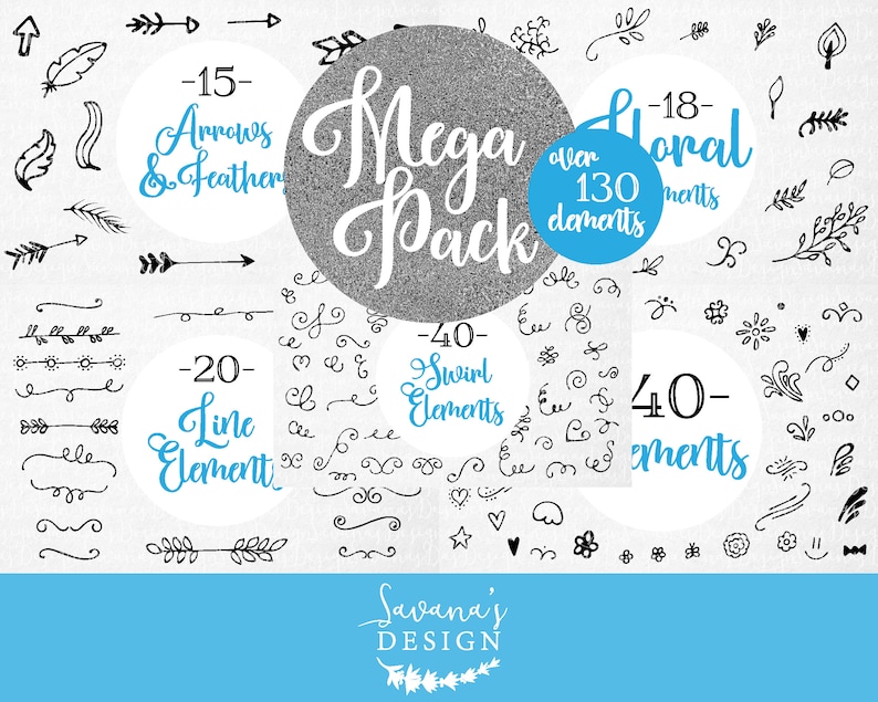 K&ouml;nnte beinhalten: Ein schwarz-wei&szlig;es Grafikdesign-Set mit &uuml;ber 130 handgezeichneten Elementen. Das Set enth&auml;lt Pfeile, Federn, Schn&ouml;rkel, Linien und florale Elemente. Der Text "Mega Pack" ist in einer gro&szlig;en, stilisierten Schrift geschrieben.