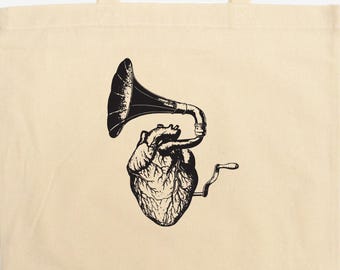Vintage Gramophone Heart Tote Bag: Hand-Printed, Long Handles, Music Heart, Gift