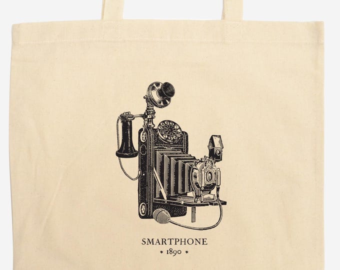Vintage Camera Smartphone Tote Bag: Hand-Printed, Long Handles, Witty, Smart, Gift