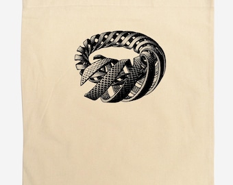 Escher Spiral Tote Bag: Hand-Printed, Long Handles, Art, Cool, Gift