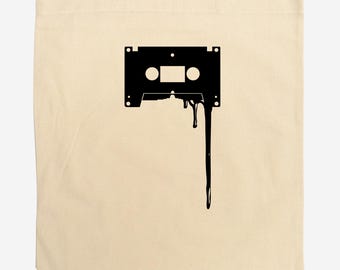 Cassette Tote Bag, Long Handles, Shopping Bag, Organic Cotton, Tote Bag for Records, Cool, DTF, Hand Printed, Gift