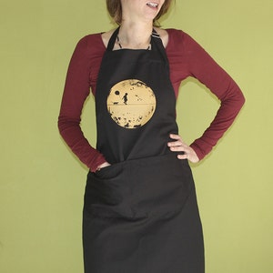 Moonchild Apron with pockets, Kid, Cat, Balloon, Moon, Kitchen apron, Amber on Black, Silkscreen, Hand Printed, Gift for her, Gift for him
