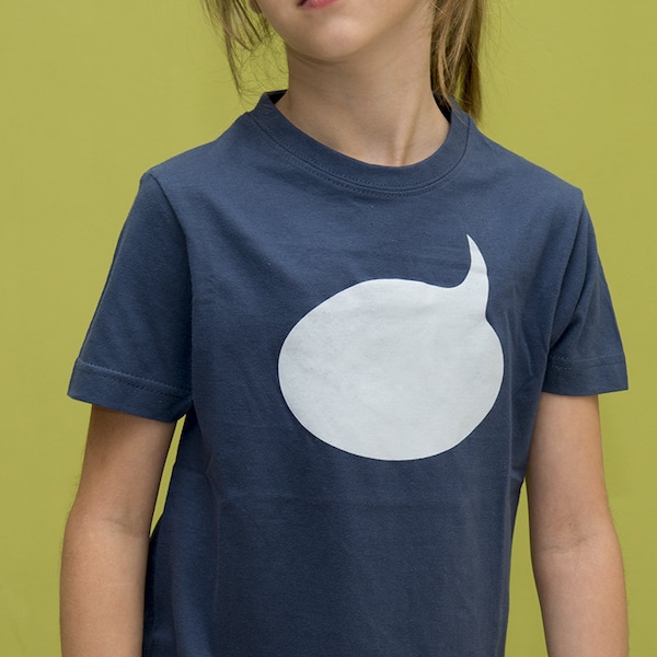 Speech Bubble T-shirt for Kids, Comic T-shirt, Customized T-shirt, Gift for Kid, Ice White on Denim, Hand Printed, Cotton Tee, Screen print