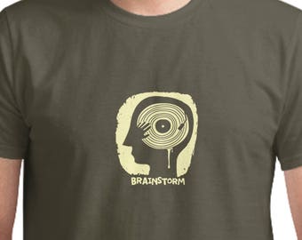 Brainstorm T-Shirt, Vinyl Fan, Music Lover, Light Beige on Khaki, Hand Printed, Cotton tee, Gift for Him, Men's Fashion, Screen print