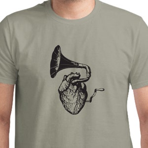 Music Heart T-Shirt, Vintage, Gramophone, Hand Printed, Silkscreen, Cotton tee, Gift for men, Music Lover