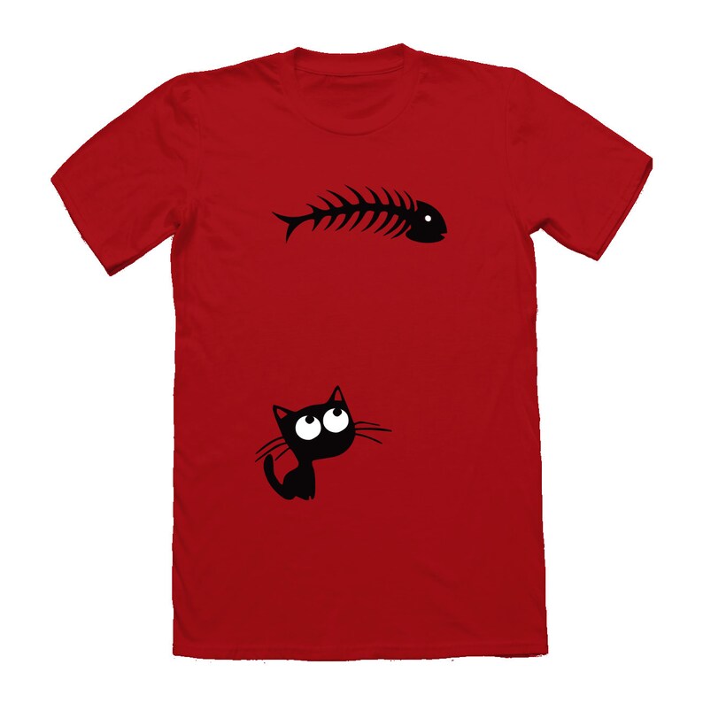May include: Red t-shirt with a black silhouette of a fish skeleton and a black cat looking up at it.