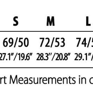 May include: T-shirt size chart with measurements in inches and centimeters.  Sizes include S, M, L, and XL.  Measurements are for chest width and length.