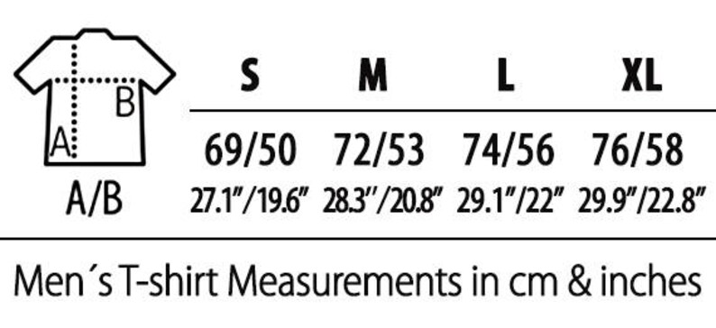 May include: T-shirt size chart with measurements in inches and centimeters.  Sizes include S, M, L, and XL.  Measurements are for chest width and length.