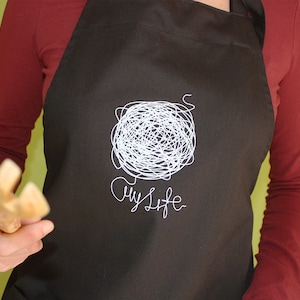 My Life Apron, Apron with pockets, Kitchen Apron, Fun, Silkscreen, Unisex, Light Blue on Black, Hand Printed, Gift for her, Gift for him