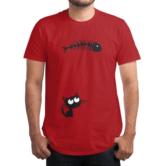 Catfish T-Shirt: Funny Cat & Fishbone Graphic, Hand Printed Cotton Tee