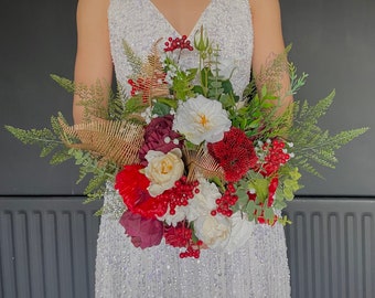 Ramo de novia hecho a mano con flores artificiales rojas y blancas, detalles dorados