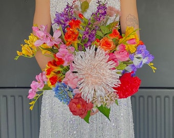 Ramo de novia artesanal multicolor de flores silvestres, flores artificiales