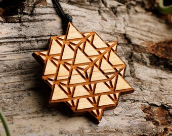 Laser cut merkaba sacred geometry wood pendant necklace