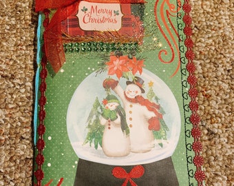 HANDMADE DIY Junkjournal-Srapbook-Lace Ribbon-Mixmedia Embellishment-Vintage Retro Junkjournal book-9 X 5-Green-Christmas Journal-Snowman