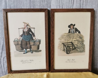 2 vintage prints in wooden frame, harvest theme