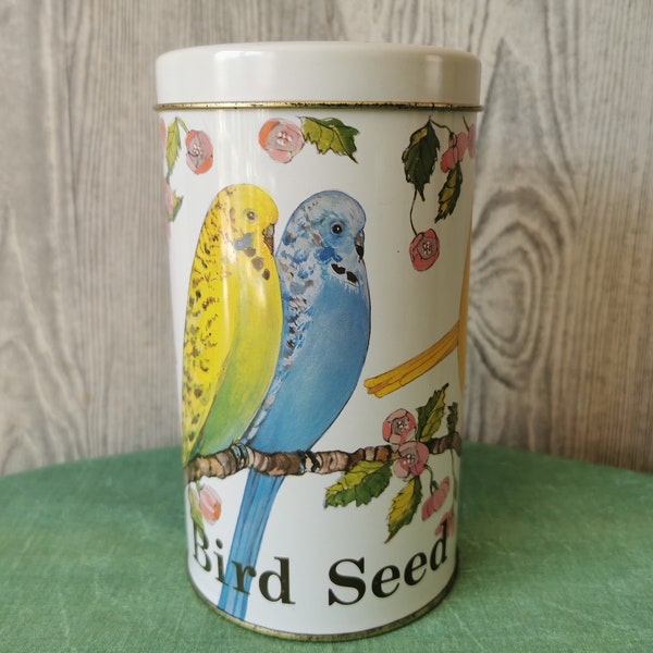 Nice tin, container with birds 'Bird Seed'. Regency ware, made in England