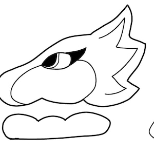 May include: Black and white line art illustration of a cartoon character's head, featuring a large eye, a snout, and a jagged ear. A separate, curved shape is also present.