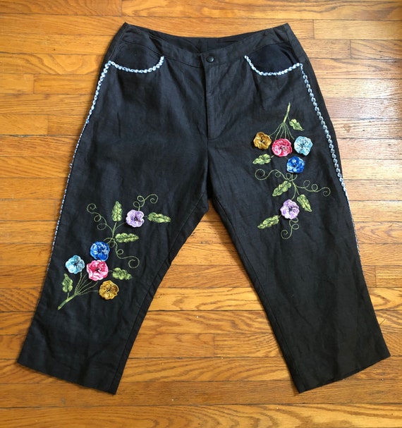 Vintage 1990s Anna Sui Flower Applique Black linen