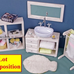 Bathroom set, Ceramic washbasin with cabinet, Towel dryer, mirror, dollhouse wooden Furniture 1:6 scale for Sindy Barbie mini Accessories image 2