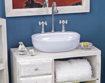 Washbasin with cabinet, bathroom sink for dolls house, wooden Furniture 1:6 scale for Barbie, Sindy Accessories Roleplaying miniature