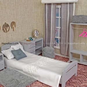 BEDRoom Set, bed, carpet, Dollhouse wooden Furniture, dolls lounge chair, 1:6 scale 12” dolls miniature Role Playing games