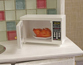 Microwave and fried chicken for doll furniture, Dollhouse Miniatures decor accessories 1:6 Scale, dolls kitchen, gift to collector