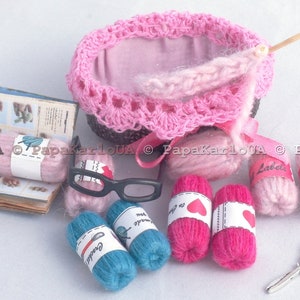 Knitting set, Dollhouse Miniatures, Knitting accessories, 1:6 dolls, Needlework basket, dollhouse furniture, play scale for 12” dolls