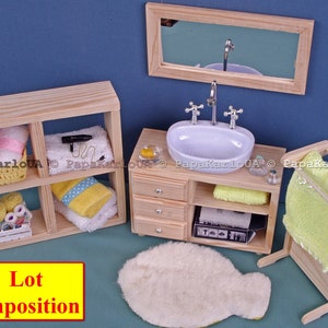 Bathroom set, Ceramic washbasin with cabinet, Towel dryer, mirror, dollhouse wooden Furniture 1:6 scale dolls Accessories Roleplaying