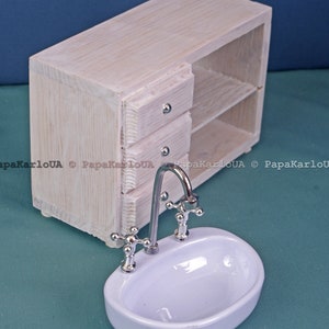 Bathroom set, Ceramic washbasin with cabinet, Towel dryer, mirror, dollhouse wooden Furniture 1:6 scale for Sindy Barbie mini Accessories image 5