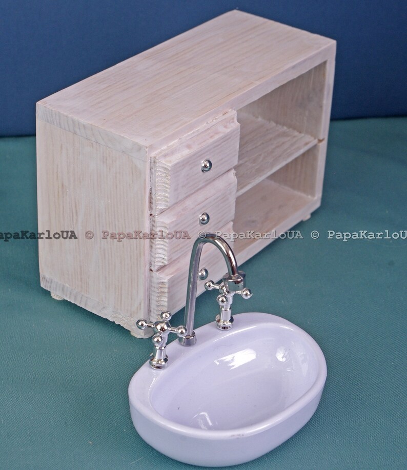 Bathroom set, Ceramic washbasin with cabinet, Towel dryer, mirror, dollhouse wooden Furniture 1:6 scale for Sindy Barbie mini Accessories image 5