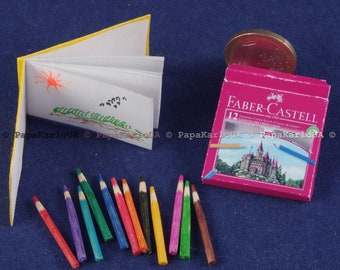 Miniature Pencil Set and Sketchbook, tiny dollhouse school office tool, Dollhouse Miniatures 1:6 Scale Colored drawing supplies write paint