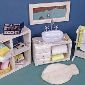 Bathroom set, Ceramic washbasin with cabinet, Towel dryer, mirror, dollhouse wooden Furniture 1:6 scale for Sindy Barbie mini Accessories image 3