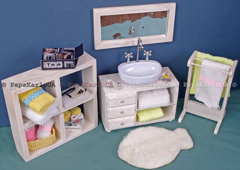 Bathroom set, Ceramic washbasin with cabinet, Towel dryer, mirror, dollhouse wooden Furniture 1:6 scale for Sindy Barbie mini Accessories image 3