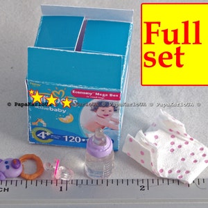 Newborn set, diapers, nipple, rattle, Dollhouse Miniatures decor accessories for dolls 1:6 play scale Role-playing game