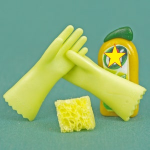 Cleaning kit, rubber gloves, detergent, sponge for washing, Kitchen set for 1:6 scale, Dollhouse Miniatures